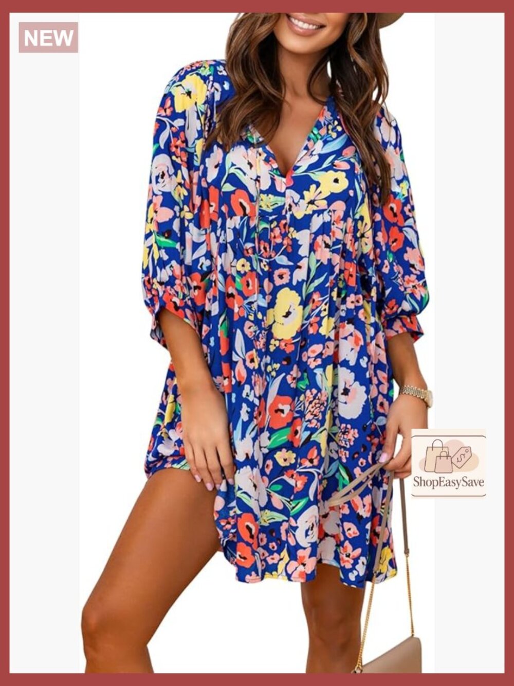 V-Neck Bohemian Floral Mini Dress Puff Sleeve High Waist A-Line Summer Casual